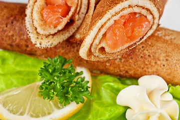 Image showing Pancakes with salmon