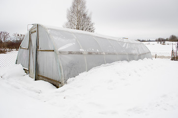 Image showing diy homemade greenhouse polythene snow 