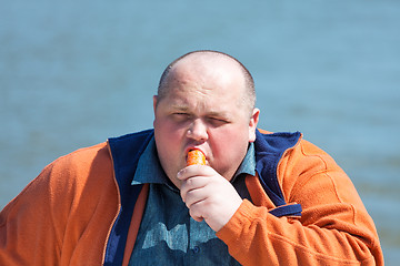 Image showing Fat man eating a carrot