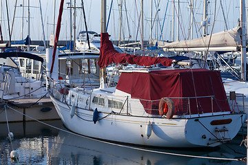 Image showing Yachts moored in a marina