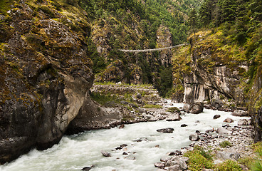 Image showing Pendant bridge on the way from Lukla to Namche Bazar in Himalaya