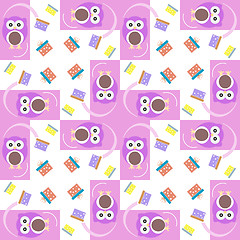 Image showing cute owl card. Baby girl arrival announcement card. Seamless pink background pattern