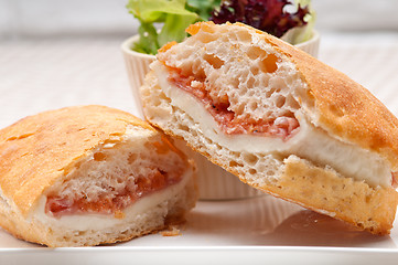 Image showing ciabatta panini sandwich with parma ham and tomato