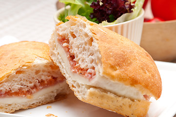 Image showing ciabatta panini sandwich with parma ham and tomato