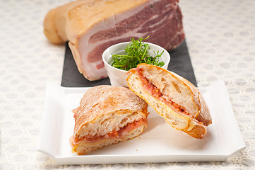 Image showing ciabatta panini sandwich with parma ham and tomato