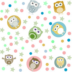 Image showing Bright background with owls, stars and circles. Seamless pattern