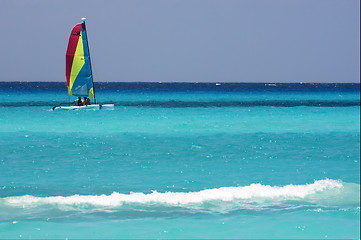 Image showing catamaran  boat  and coastline in mexico 