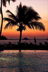 Image showing pool sunset parasol  lagoon and coastline 