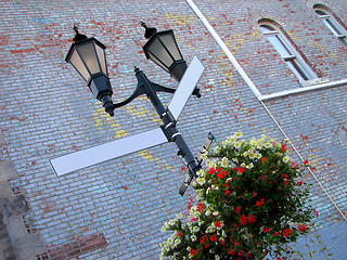 Image showing Two blank street signs in the city center