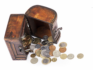 Image showing Wooden casket full of coins thai