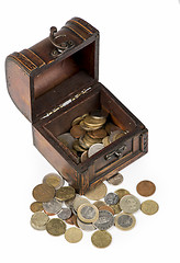 Image showing Wooden casket full of coins thai