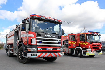 Image showing Two Scania Fire Trucks on Display