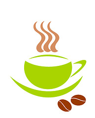 Image showing Green cup with warm coffee and beans