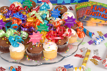 Image showing Platter of cupcakes decorated with Happy Birthday theme