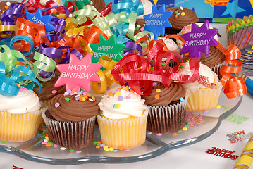 Image showing Closeup of a platter of cupcakes decorated with Happy Birthday t