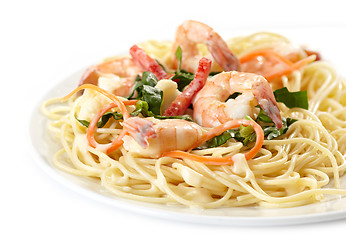 Image showing Plate of spaghetti with seafood