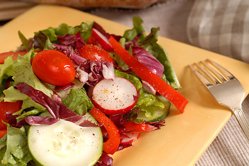 Image showing A crisp healthy salad with a fork on a yellow plate with rustic