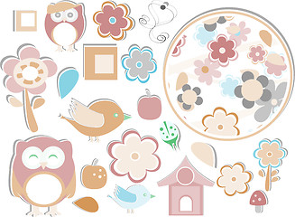 Image showing Set of elements - owls, birds, flowers, apple, mushrooms, butterflies, ladybugs etc.