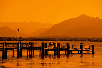 Image showing Eveningmood at Chiemsee with golden sunlight