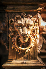 Image showing Face of a carved wooden lion