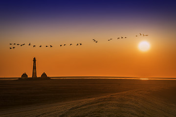 Image showing Lighthouse on sunset with birds