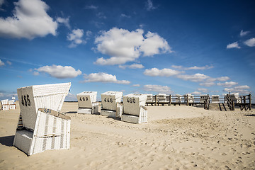 Image showing Beach charis on sand beach in St. Peter-Ording