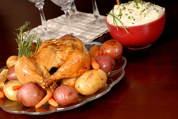 Image showing Roasted chicken and vegetables with mashed potatoes and rosemary