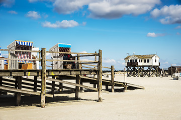 Image showing Beach chairs and buildings of St. Peter-Ording, Germany