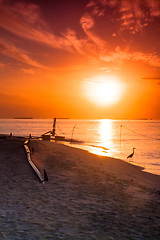 Image showing Sunset on Maldives island, water villas resort