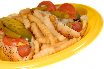 Image showing Closeup of Chicago style hot dogs with french fries