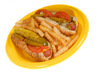 Image showing Full view of Chicago style hot dogs with french fries