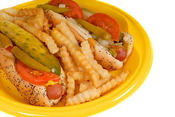 Image showing Chicago style hot dogs with french fries on yellow plate