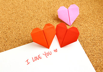 Image showing Origami paper hearts with message 