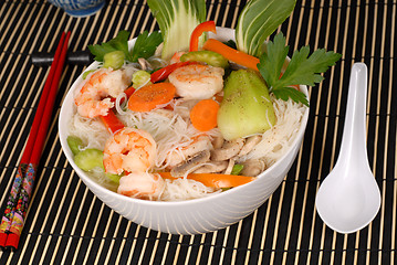 Image showing Udon noodles with vegetables and seafood