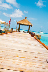 Image showing Wooden wharf with pavilion for ships at Maldives