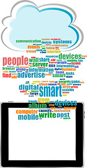 Image showing concept communicator with social network word cloud with tablet pc
