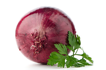 Image showing Red onion tuber and fresh parsley