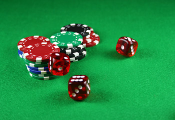 Image showing An Action shot of 5 dice thrown onto the table