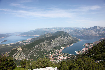Image showing Bay of Kotor with high mountains plunge into adriatic sea and Historic town of Kotor, Montenegro