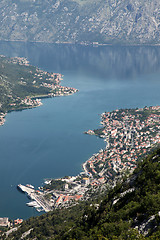 Image showing Bay of Kotor with high mountains plunge into adriatic sea and Historic town of Kotor, Montenegro