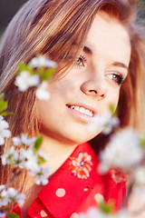 Image showing Girl in the flowers of cherry