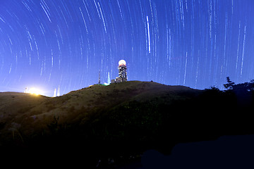 Image showing Mountain silhouette with a blue background at night with startra