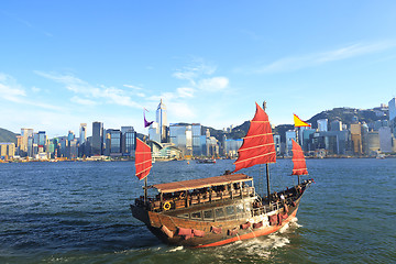 Image showing Junk boat along Victoria Harbour in Hong Kong