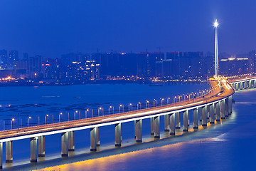 Image showing Freeway in night with cars light in modern city