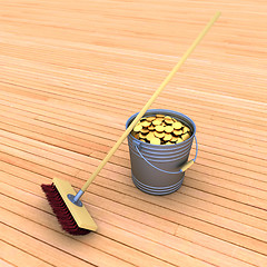 Image showing bucket with coins and a mop