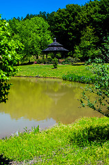 Image showing water reflects nature with gazebo in distance