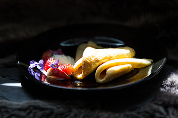 Image showing Pancakes, strawberries and cream