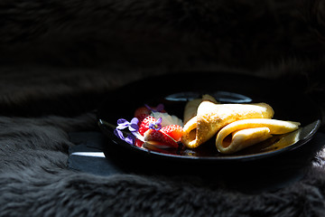 Image showing Pancakes, strawberries and cream