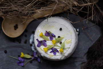 Image showing Goat cheese and spring flowers
