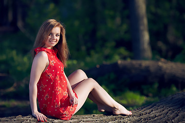 Image showing Girl siting on a log